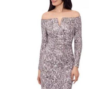 Xscape Womens Sequined Taupe Off The Shoulder Gown 14